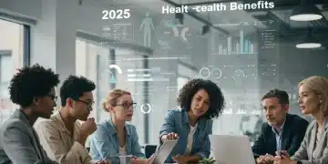 Diverse group analyzing 2025 health benefits information on a screen