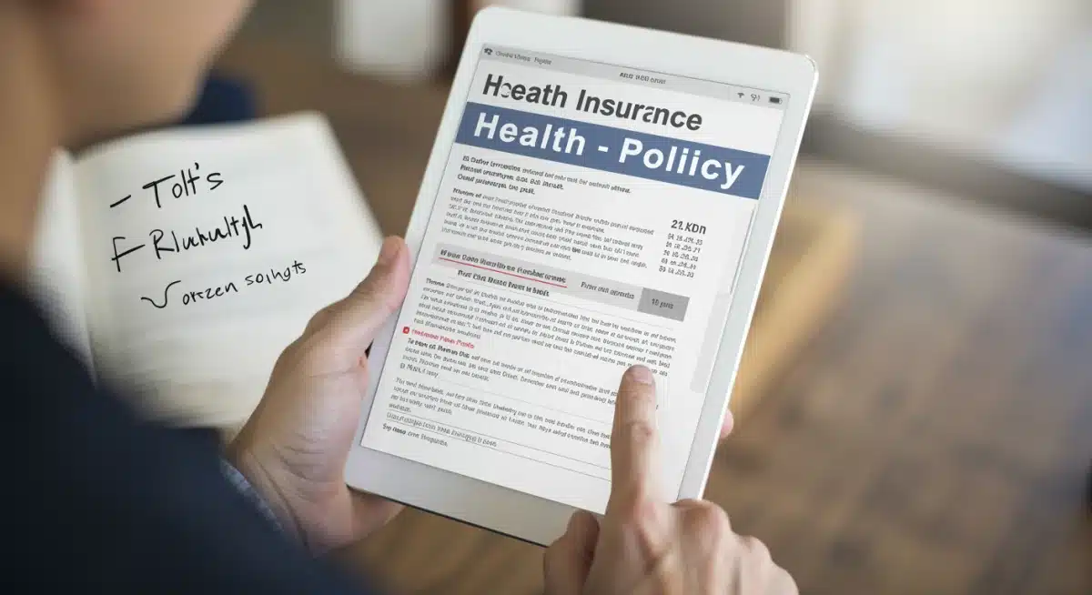 Person reviewing complex health insurance policy document on a tablet