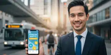 Person using commuter benefits app on smartphone with city transport background