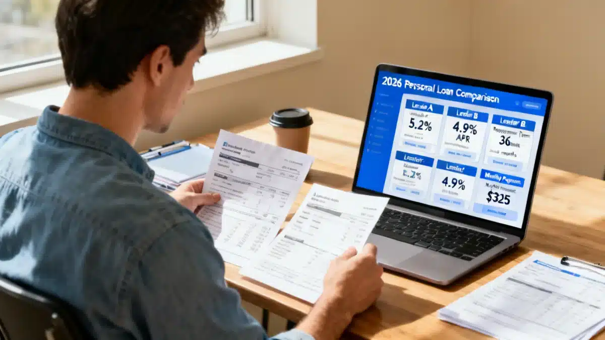 Person comparing personal loan offers on laptop and documents