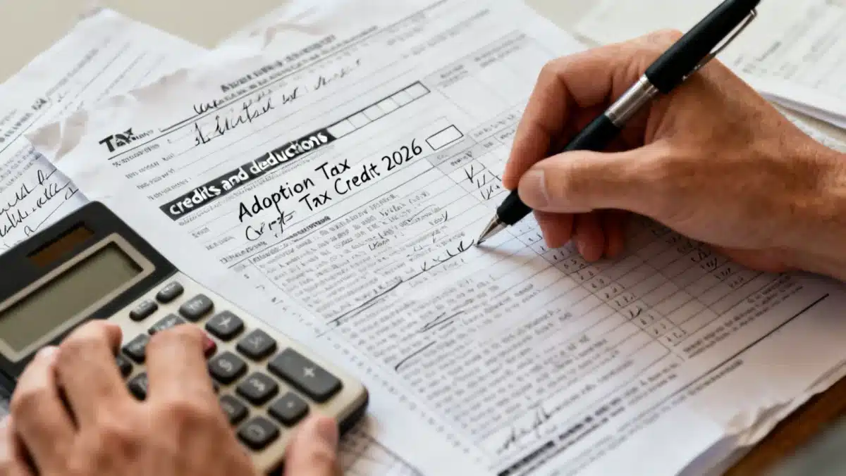 Hands filling out tax forms for adoption credit