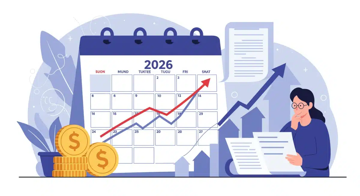 Calendar for 2026 with financial symbols, indicating strategic planning for Social Security.