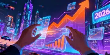 Financial graphs showing 8% growth projections for 2026, with futuristic city background.