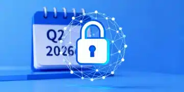Digital lock symbolizing data privacy with a Q2 2026 calendar, representing new regulations.