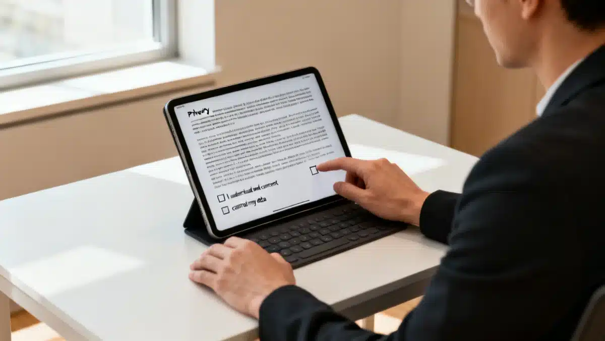 Person reviewing digital privacy policy on tablet, emphasizing informed consent.