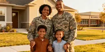 Military family standing proudly in front of their home with school in background