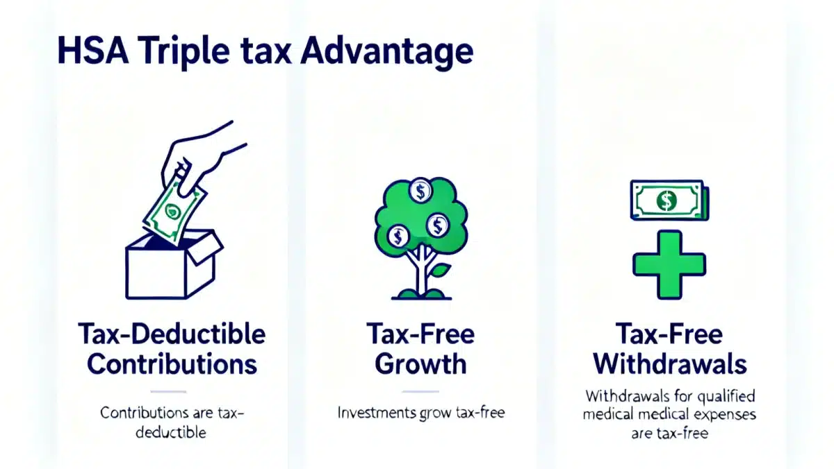 Infographic explaining HSA triple tax advantage pillars