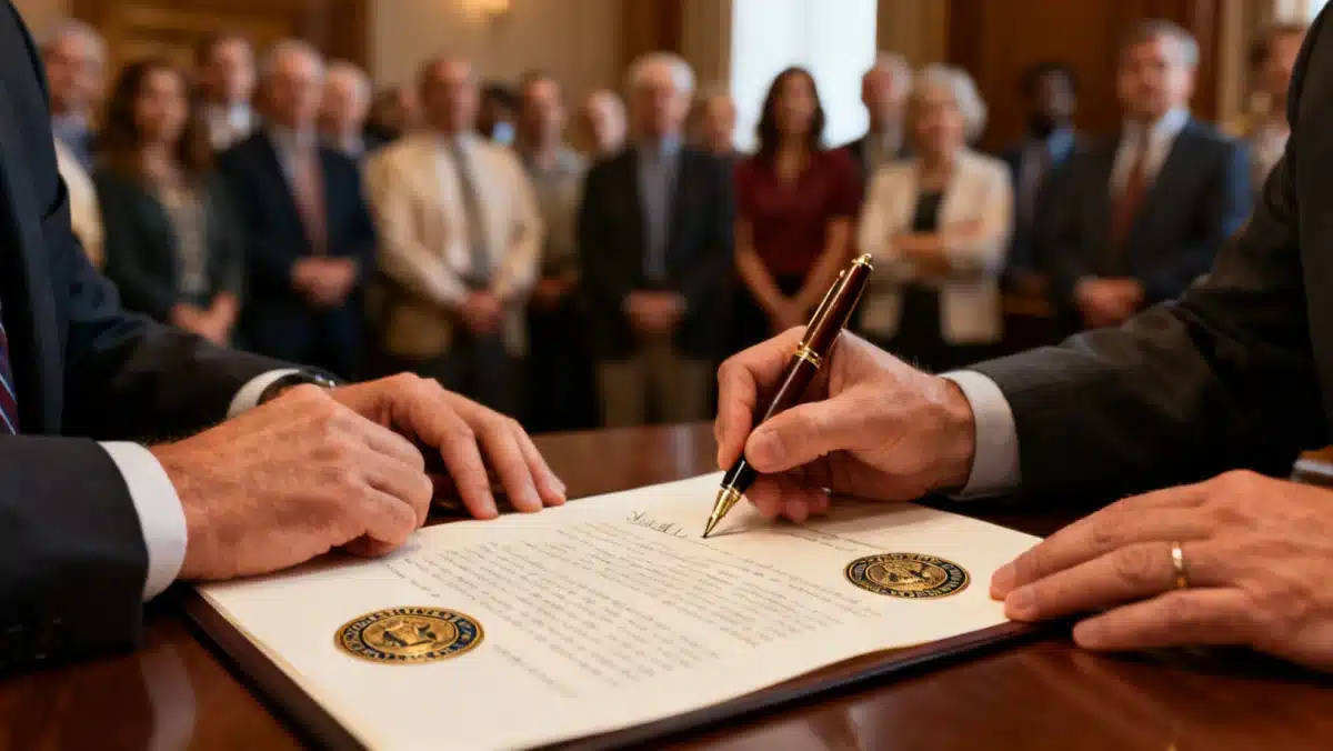 Legislation being signed into law, symbolizing policy implementation